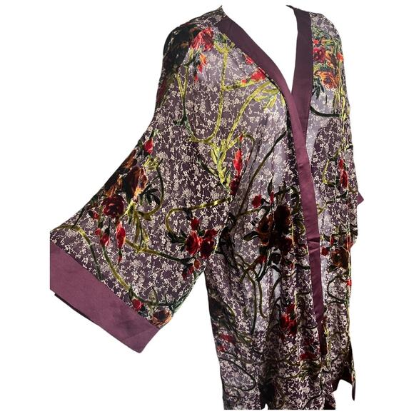 Band of Gypsies plum olive velvet floral sheer open front kimono robe XS/S NWT - Picture 2 of 6